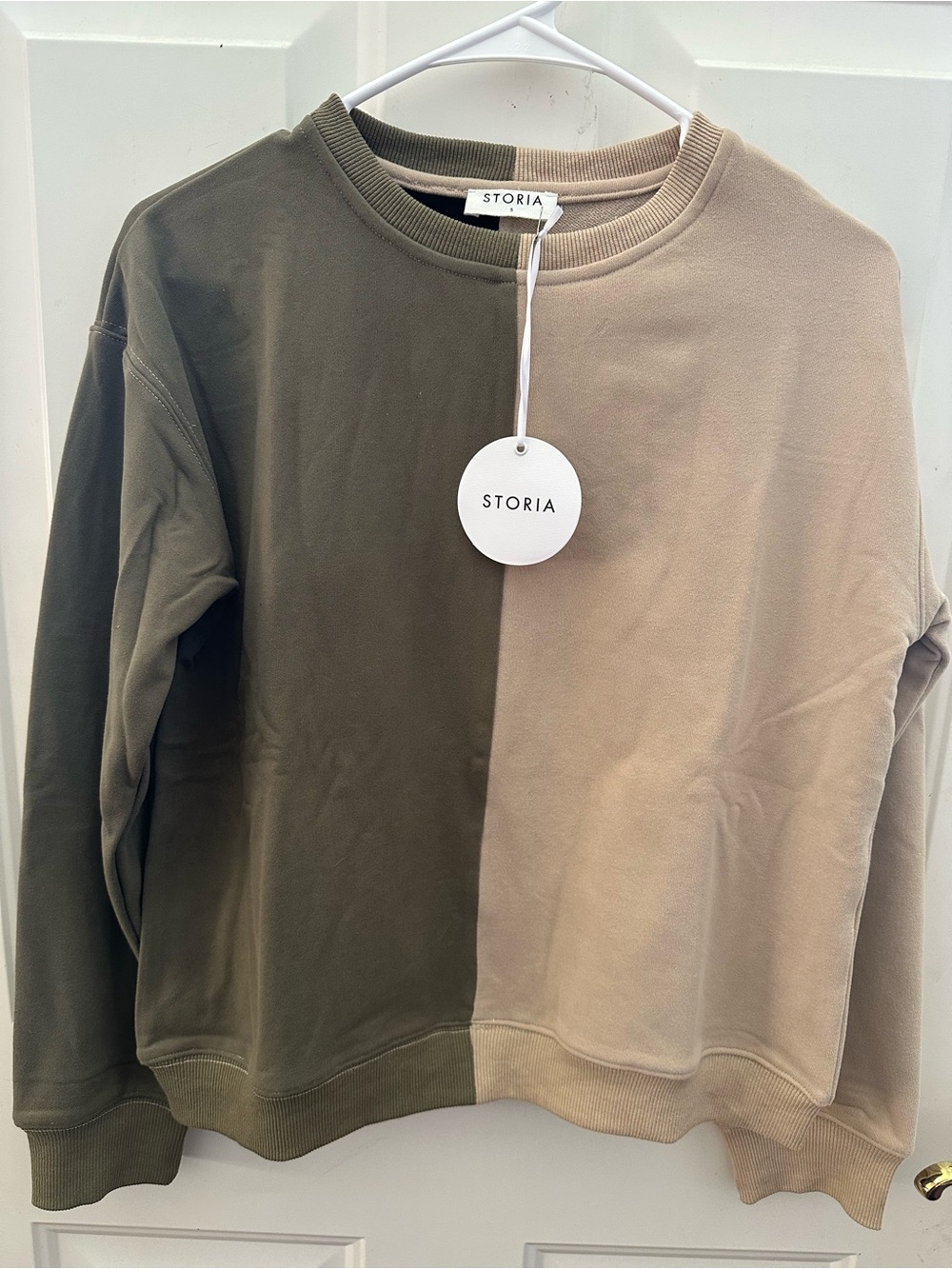 STORIA Colorblock Crew Neck Pullover Sweatshirt Green/Beige Women’s S